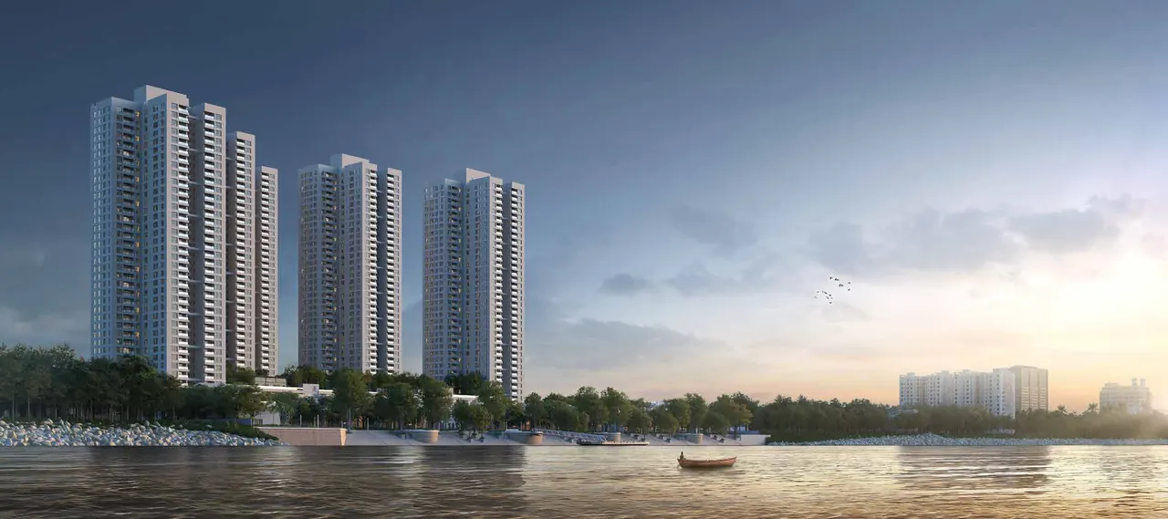 Artist impression of Sansara towers on the Ganges riverfront in Howrah at dusk
