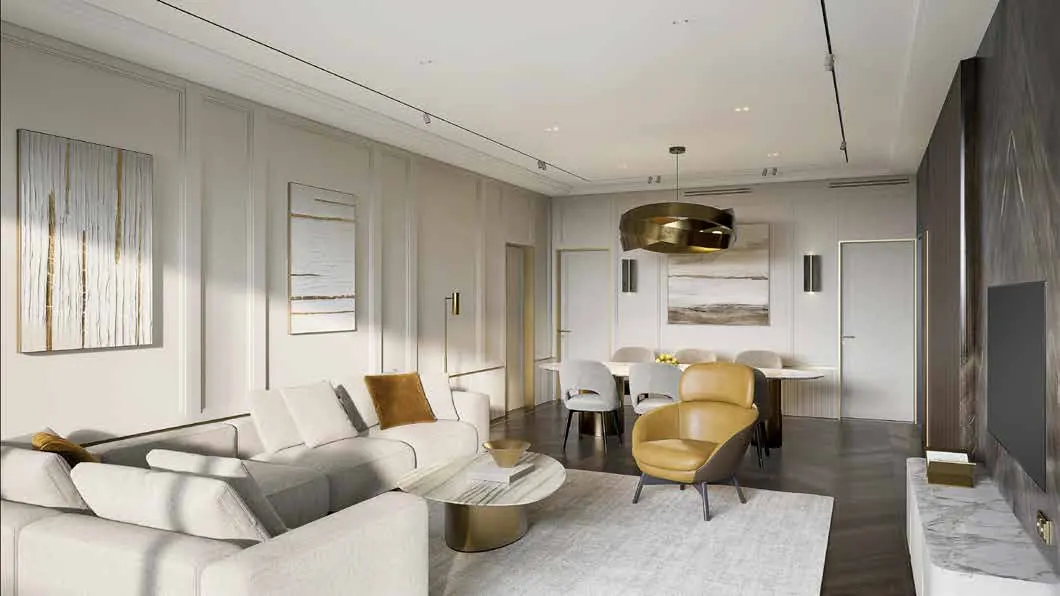 Sample interior render of a living room, 4 BHK + Study D Type
