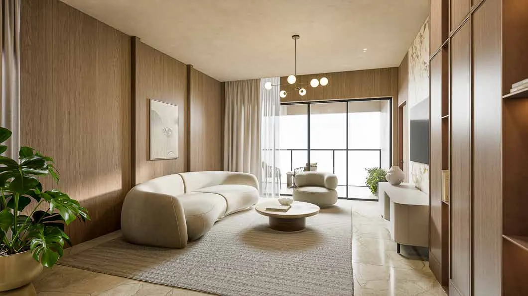 Sample interior render of a living room, 5 BHK Duplex