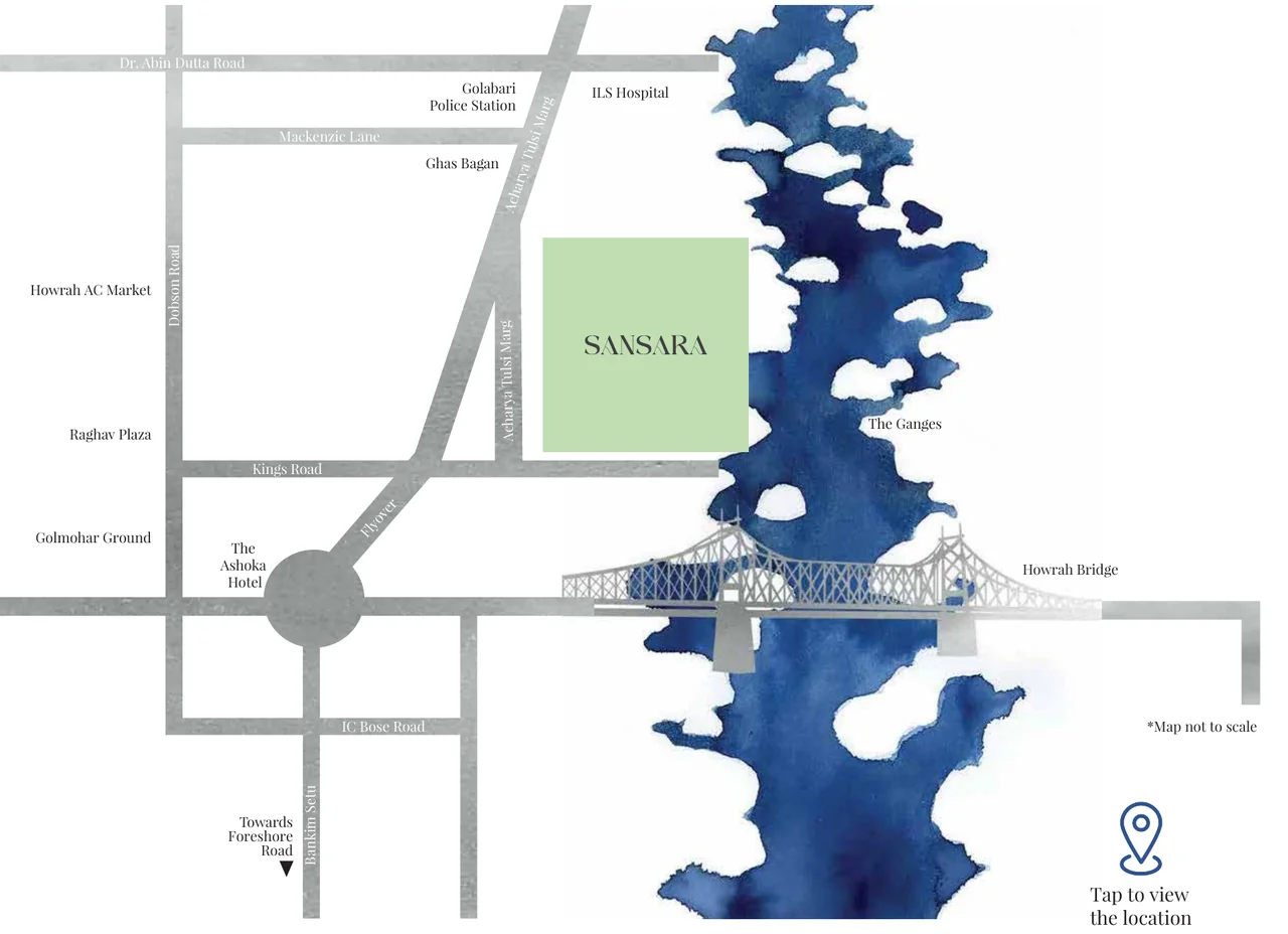 Sansara location map showing Acharya Tulsi Marg, ILS Hospital, Howrah Bridge and the Ganges (not to scale)