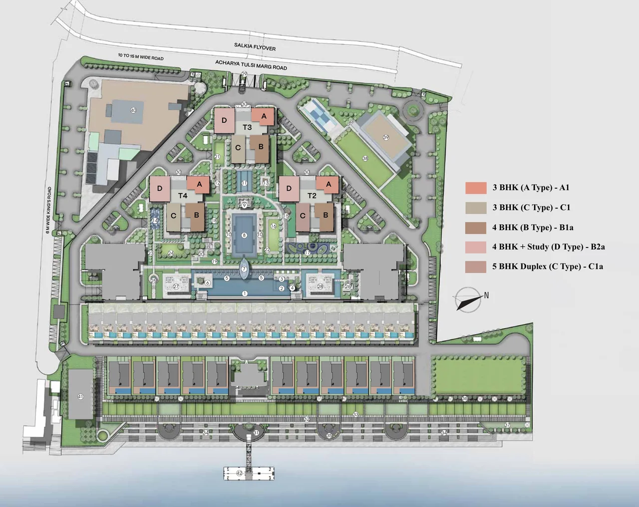 Sansara master site plan showing towers T2, T3 and T4, podium amenities and the riverfront boulevard
