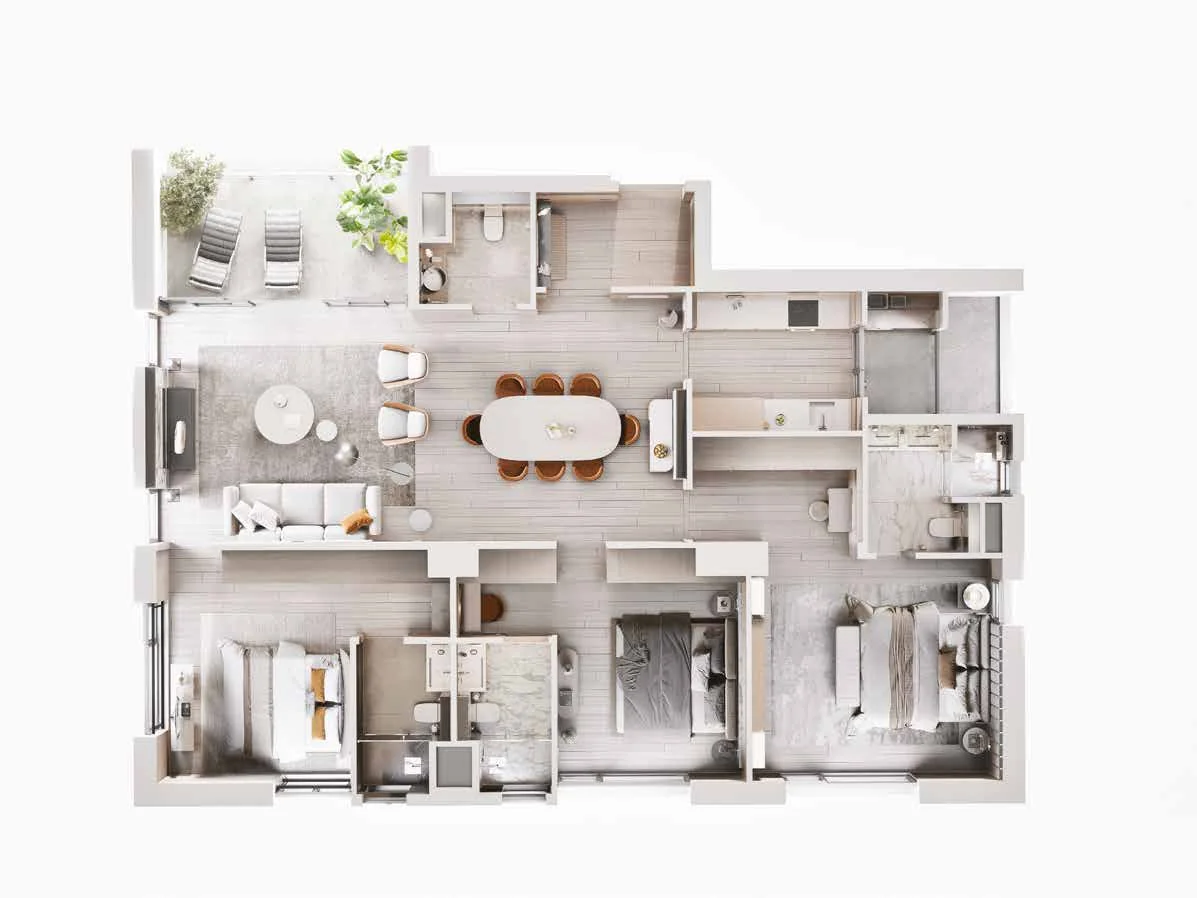 3D unit plan of the 3 BHK A Type apartment at Sansara
