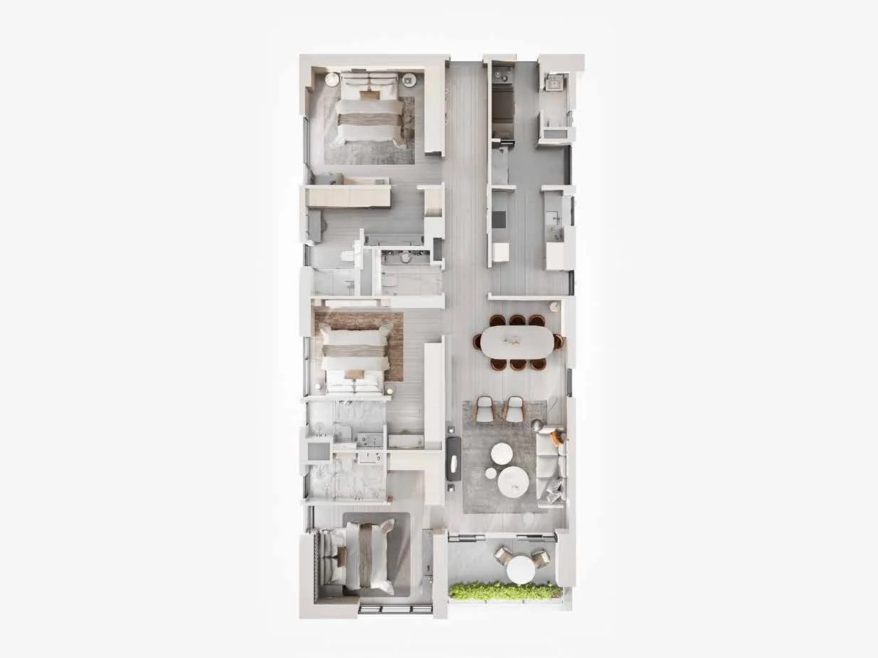 3D unit plan of the 3 BHK C Type apartment at Sansara