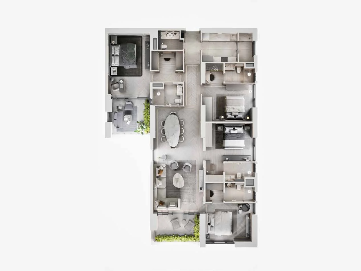 3D unit plan of the 4 BHK B Type apartment at Sansara