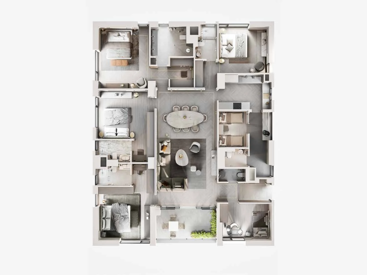 3D unit plan of the 4 BHK + Study D Type apartment at Sansara