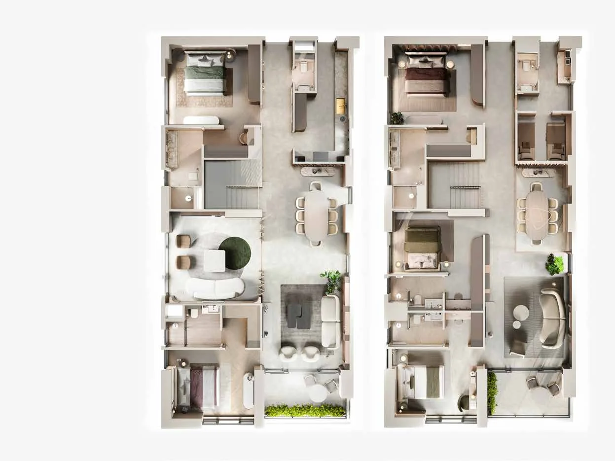 3D unit plans of the lower and upper levels of the 5 BHK Duplex at Sansara