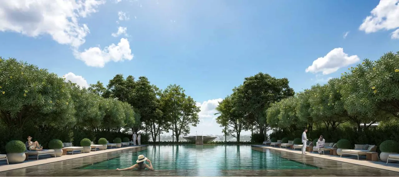 Artist impression of the tree-lined lagoon pool at Sansara