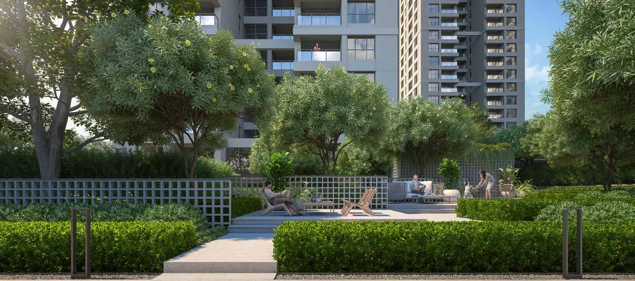 Artist impression of landscaped gardens between the Sansara towers