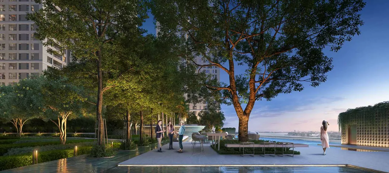 Artist impression of the riverfront boulevard at Sansara at twilight