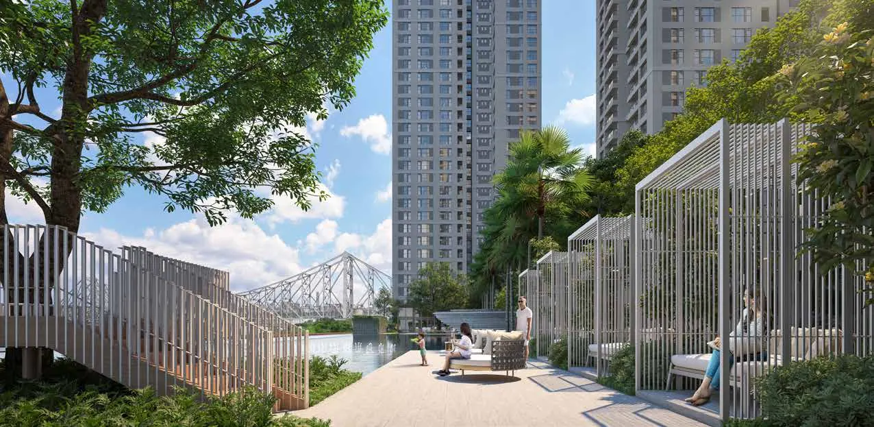 Artist impression of cabanas on the Sansara riverfront boulevard with Howrah Bridge beyond