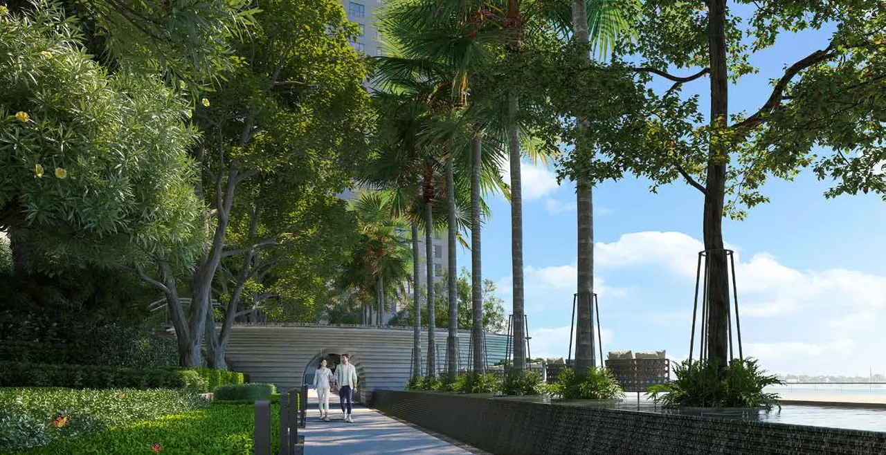 Artist impression of a shaded garden walk by the river at Sansara